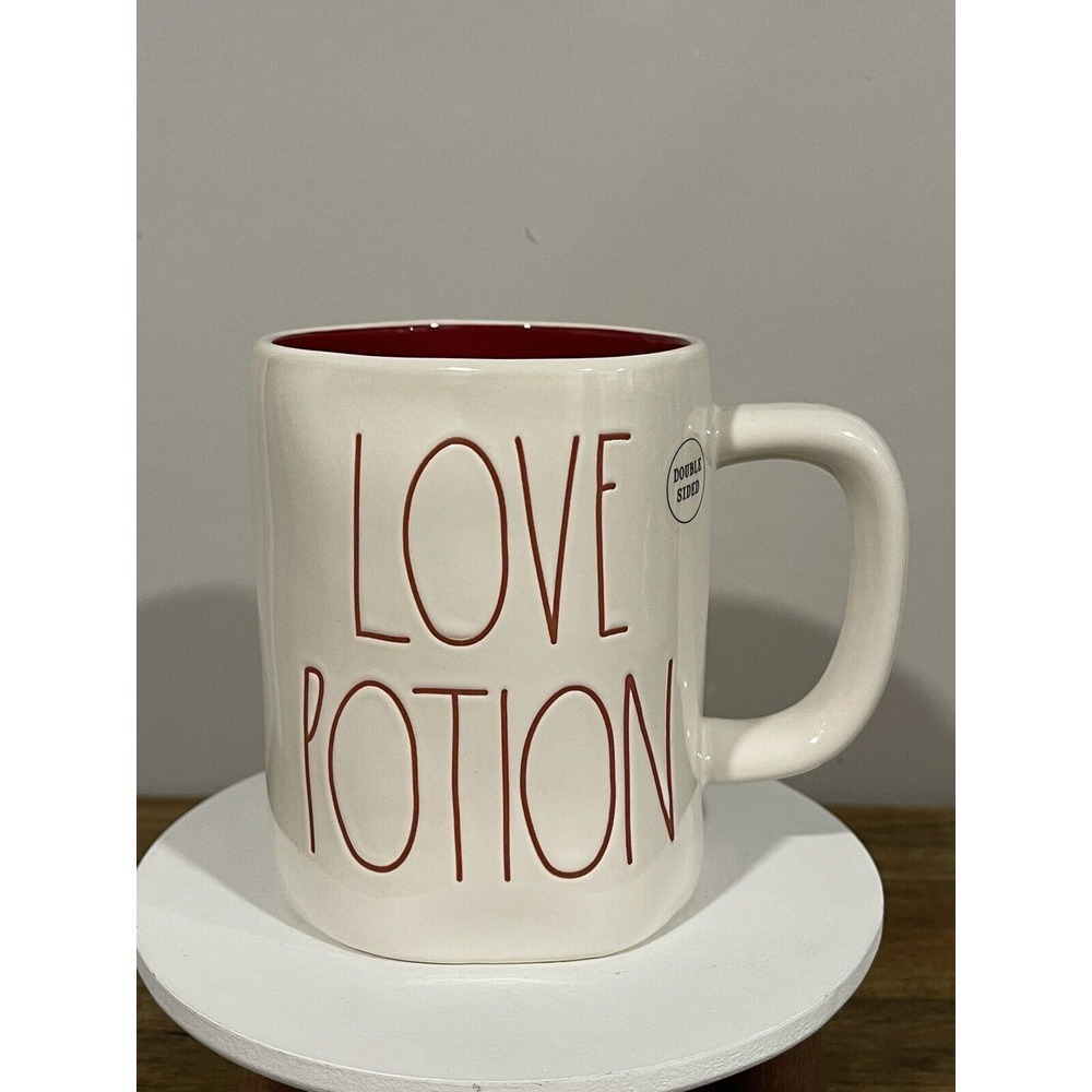 Rae Dunn LOVE POTION Double Sided Mug  18 Oz Ceramic White Red Lettering NEW